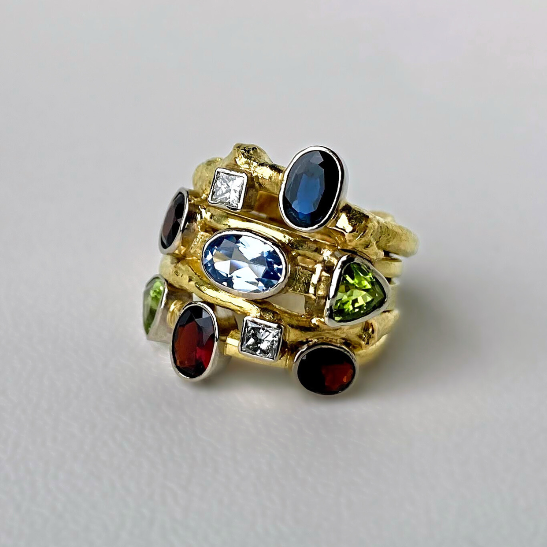 18K Yellow Gold hand crafted bespoke statement ring with client's gemstones for the perfect Gift of Custom. Custom Jeweler, Roanoke, VA