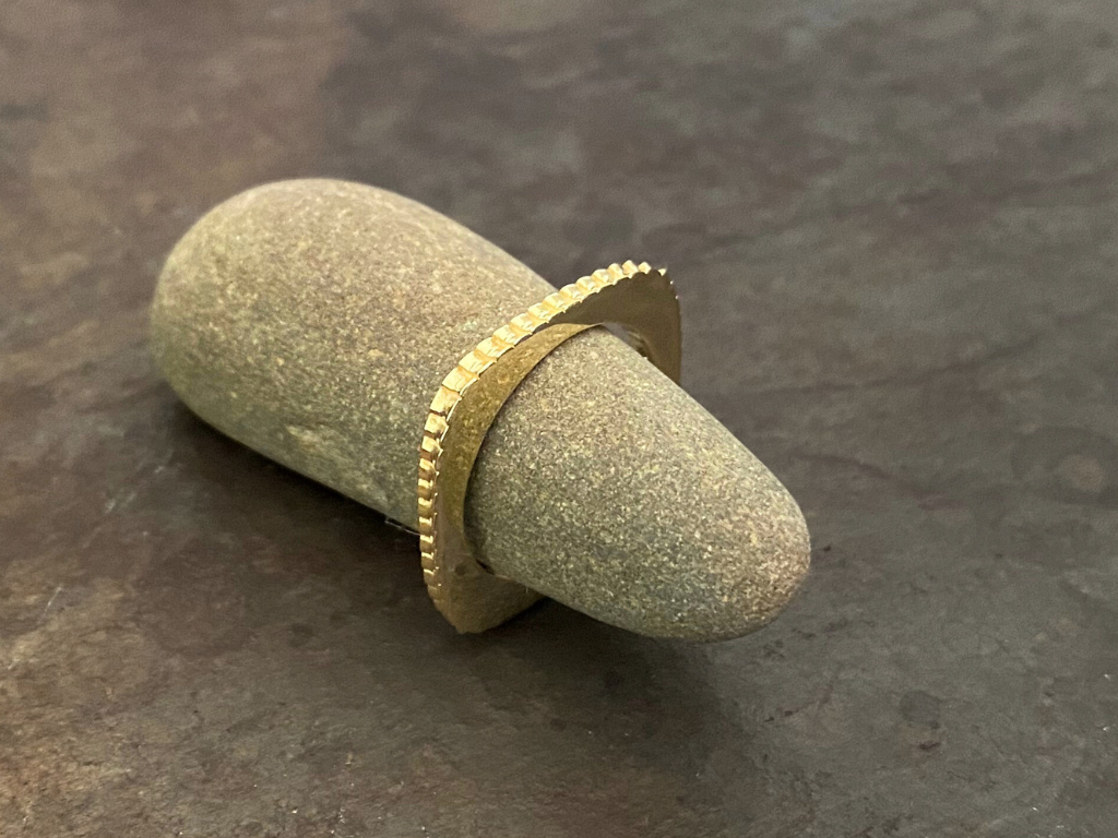 Single Shingle Stacker Ring- Created in 18K Yellow Gold, this architectural ring brings emphasis to the metal shingles of the Silo roof line. The single line of shingles can stand on it own  or stack multiples for a bigger impact or, mix and match with the Standing Seam Ring for the architectural dream set.