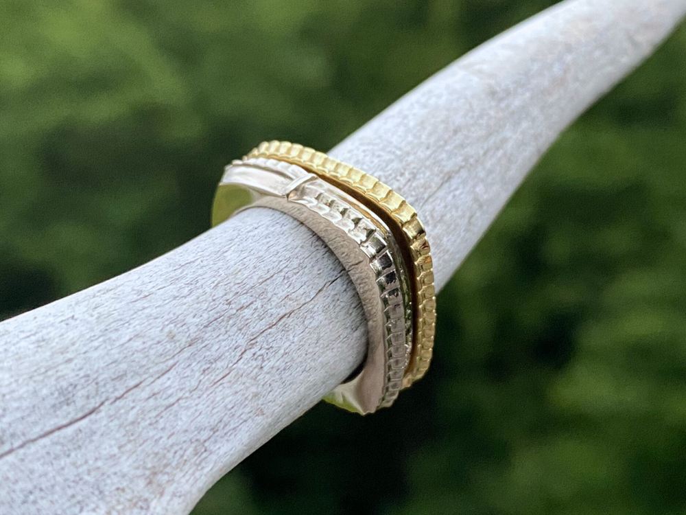 Single Shingle Stacker- Created in 18K Yellow Gold, this women’s architectural ring brings emphasis to the metal shingles of the Silo roofline. The single line of shingles can stand on it own  or stack multiples for a bigger impact or, mix and match with the Standing Seam Ring for the architectural dream set.