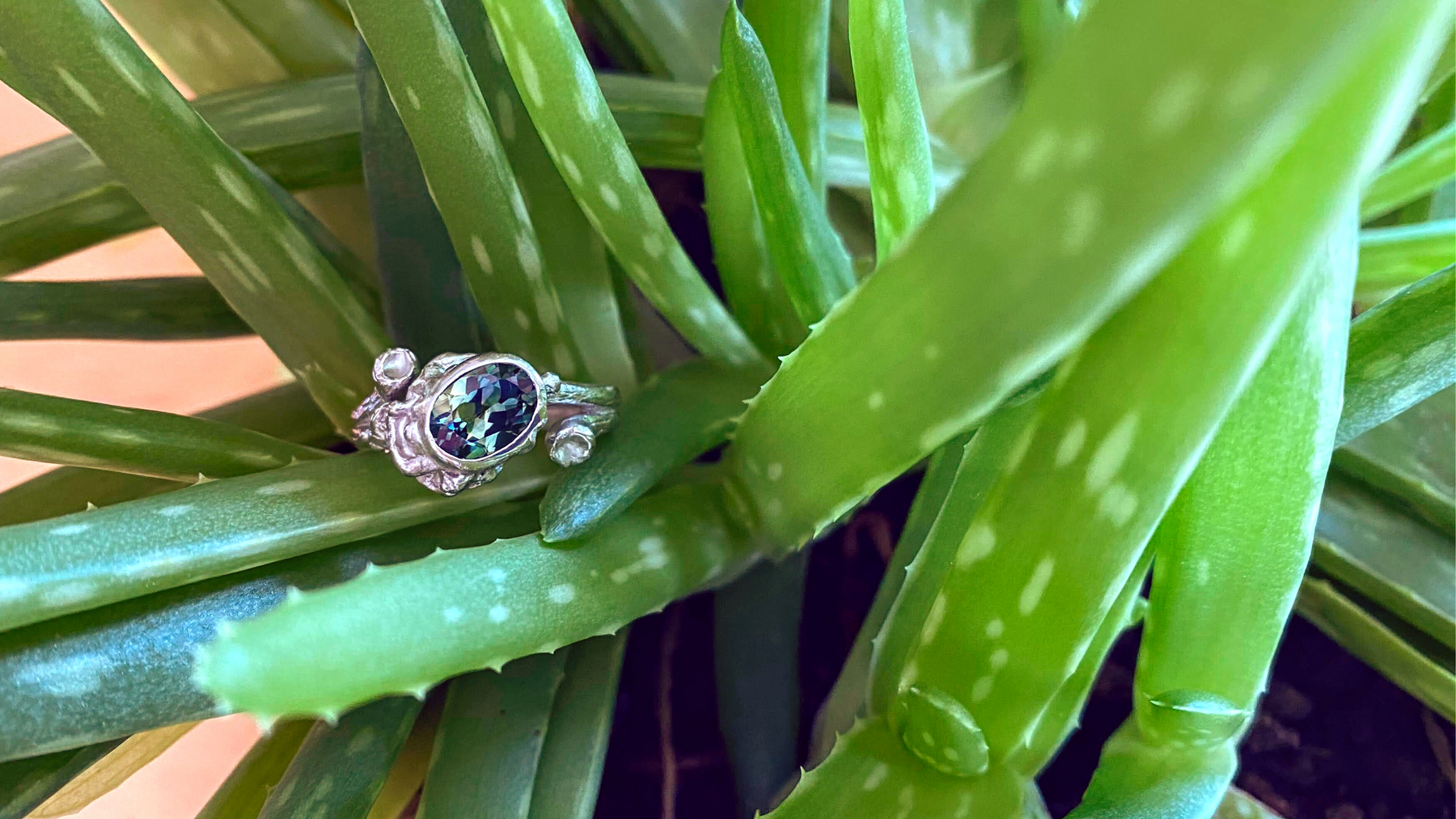 Bespoke, Custom designed platinum and parti-sapphire alternative engagement ring with a woodland theme by Sarah EK Muse, Roanoke, VA