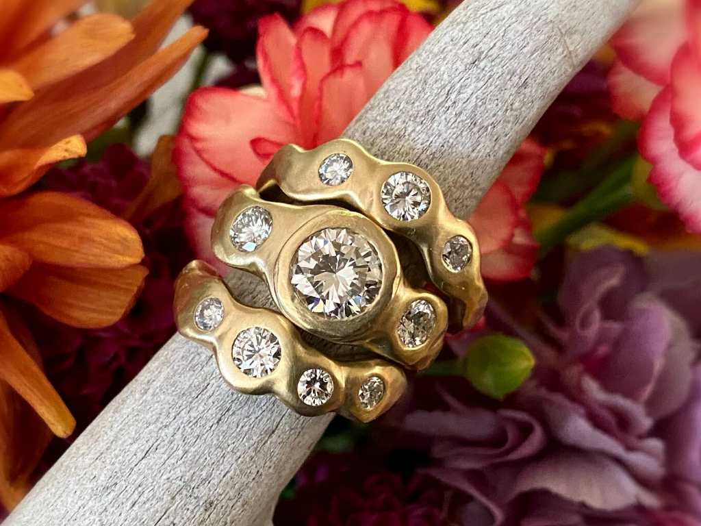 Beautiful gold bespoke rings with diamonds.