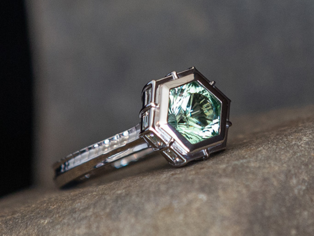 The Silo Ring - 18K Palladium White Gold Silo Ring with a 4.14ct hand cut Green/Blue Tourmaline and 12 .10ct Diamond Baguettes