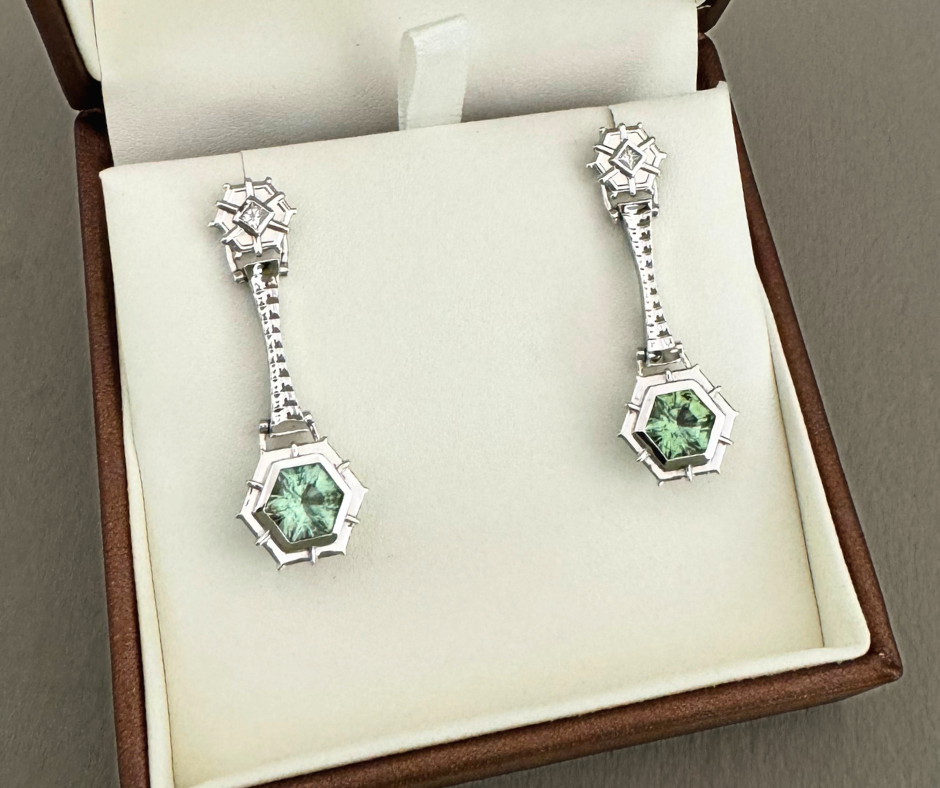 Pair of Palladium White Gold Dangle Earrings with Diamonds and Pariaba type Tourmaline