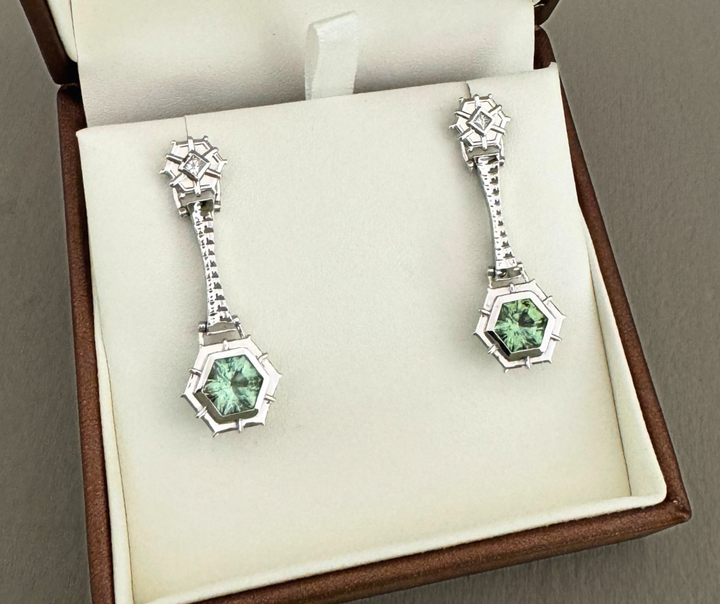 Pair of Palladium White Gold Dangle Earrings with Diamonds and Pariaba type Tourmaline