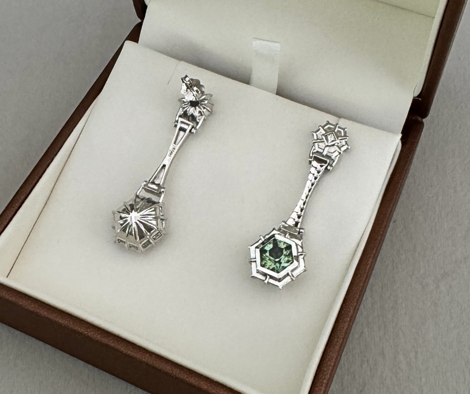 Pair of Palladium White Gold Earrings, showing front and back.