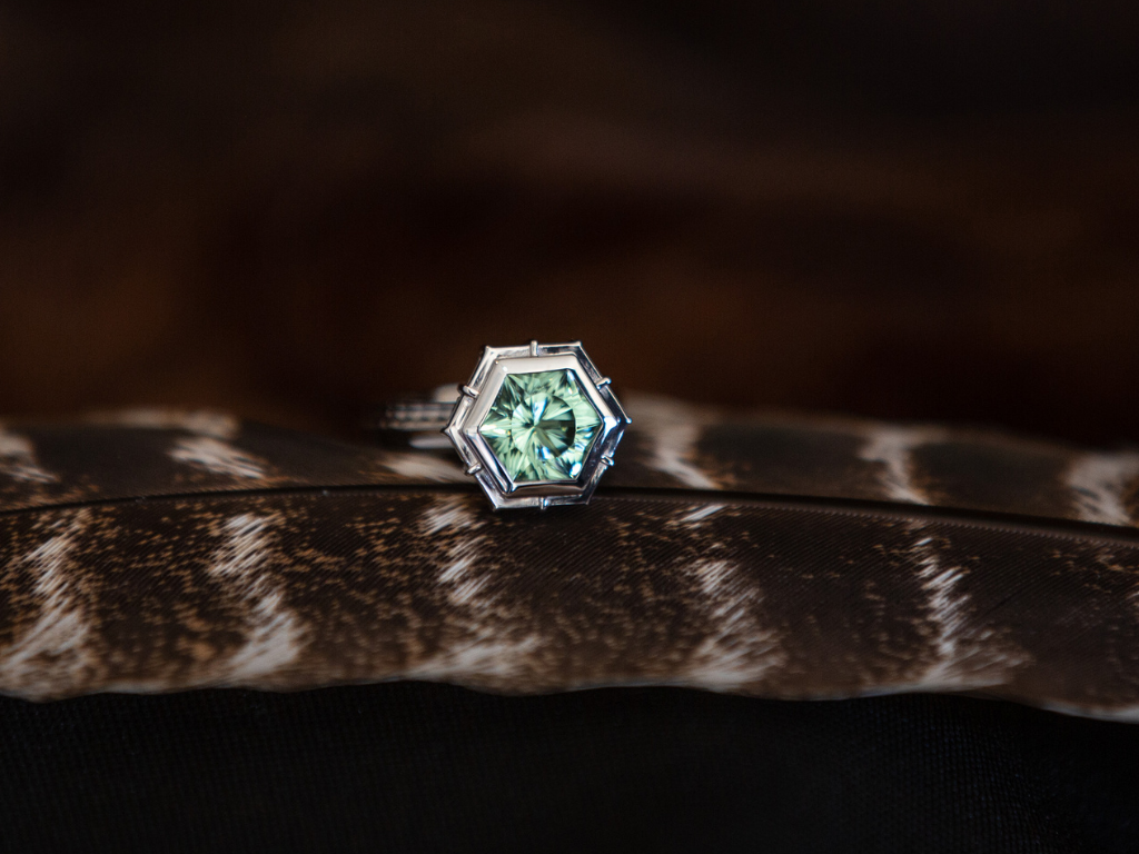 The Silo Ring, a nostalgic structure in 18K Palladium White Gold with hand cut blue/green Tourmaline.